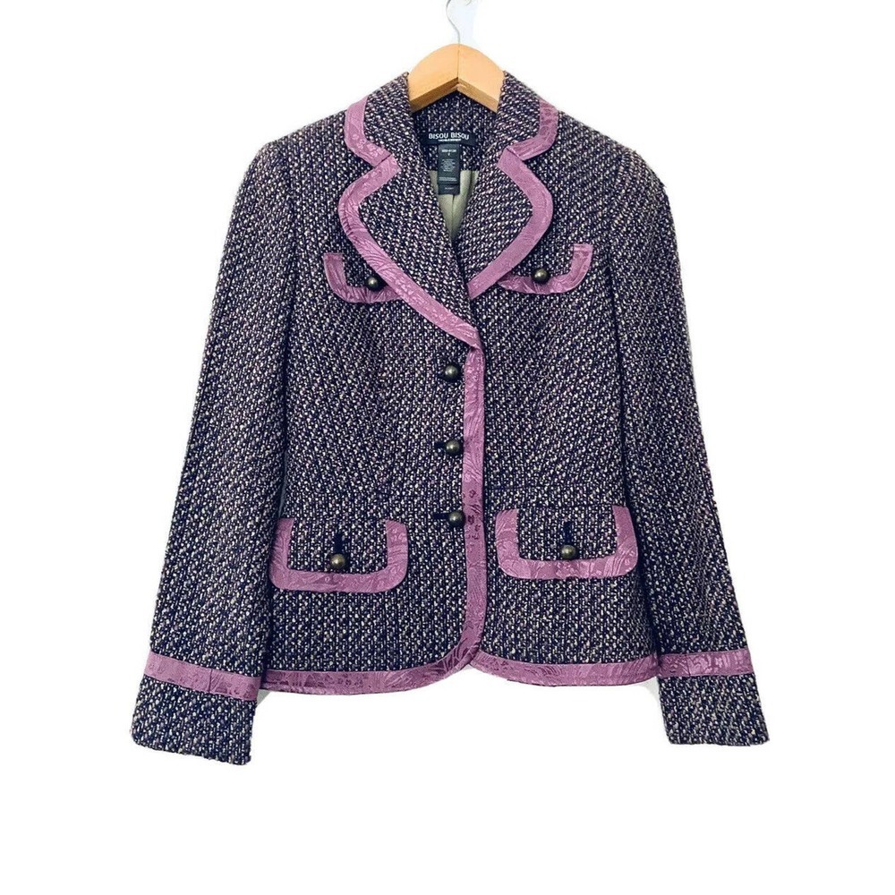 Bisou Bisou Michele Bohbot Womens Twill Purple Blazer Jacket Button Up Sz 2